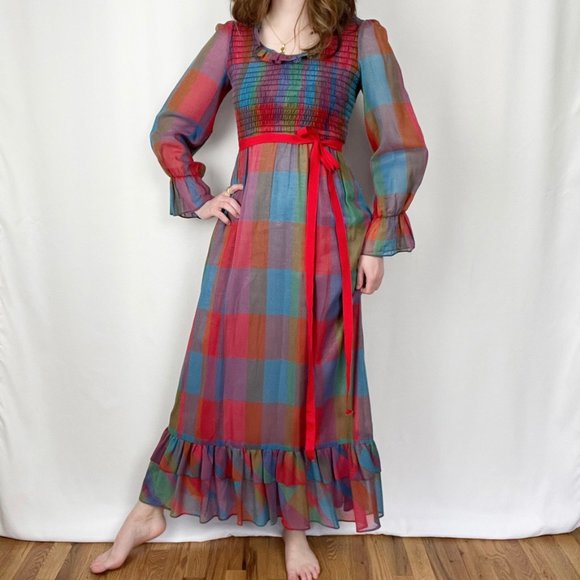 Vintage Cottagecore Puff Balloon Sleeve Plaid Tiered Ruffle Maxi Dress Handmade - Picture 7 of 7